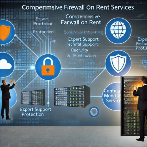 Professional team setting up and configuring firewalls in a high-tech, secure environment with network diagrams, security icons, digital shields, and continuous monitoring screens.