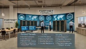 Professional office environment with Fortinet firewalls displayed, IT experts configuring and monitoring the firewalls, large screens showing real-time network traffic analysis and security updates.