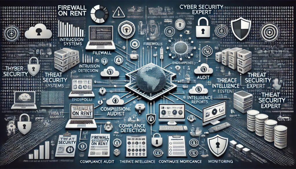 Comprehensive visual representation of cybersecurity analysis and mitigation strategies, including secure network diagram, firewalls, intrusion detection systems, endpoint devices with encryption, compliance audit checkmarks, threat intelligence reports, continuous monitoring icons, and keywords 'Firewall On Rent' and 'Cyber Security Expert'.