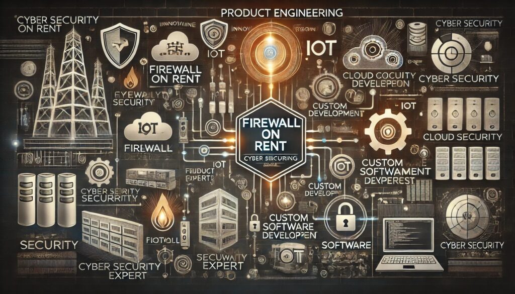 Visual representation of product engineering showcasing innovative solutions tailored to client needs, including elements like a digital network diagram, firewalls, IoT devices, cloud computing icons, and custom software development processes. Keywords 'Firewall On Rent' and 'Cyber Security Expert' are prominently displayed.