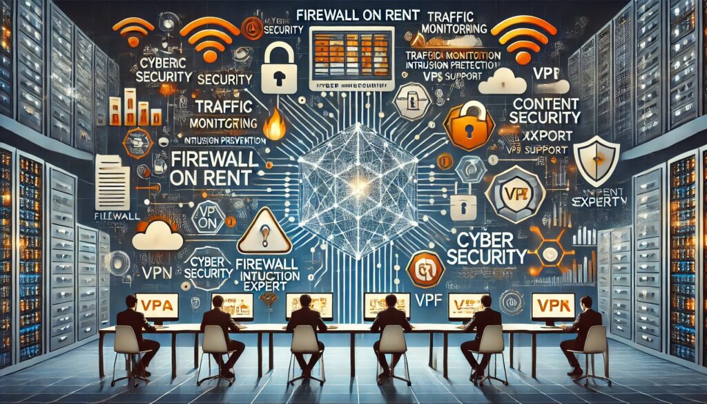 Visual representation of firewall security for social media apps, featuring elements like a digital network diagram, firewalls, traffic monitoring, intrusion prevention, VPN support, and content filtering icons. Keywords 'Firewall On Rent' and 'Cyber Security Expert' are displayed.